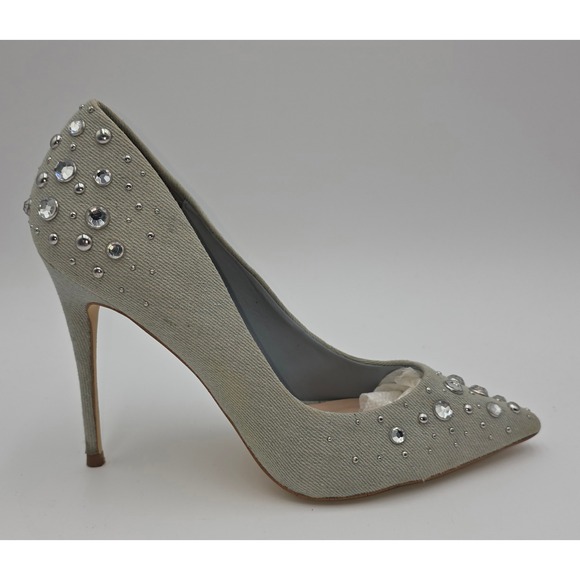 Aldo Light Wash Denim Rhinestone Studded Pointed Toe Stiletto Pumps Size 8.5 - Picture 4 of 9